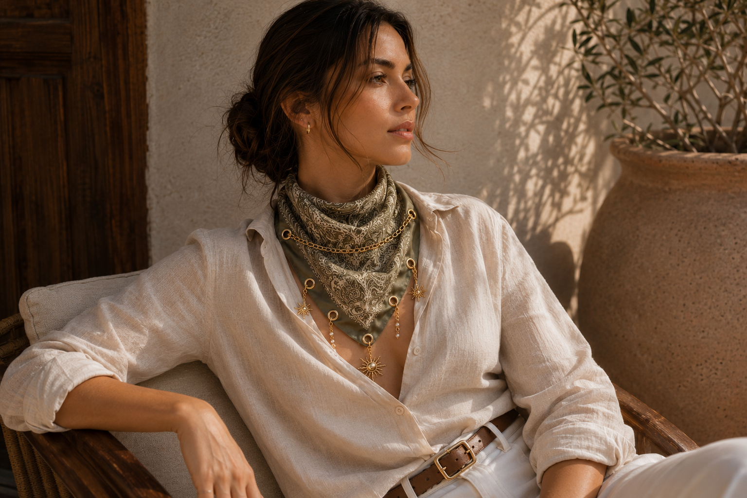Bandana ACENTO en olivo con charms dorados